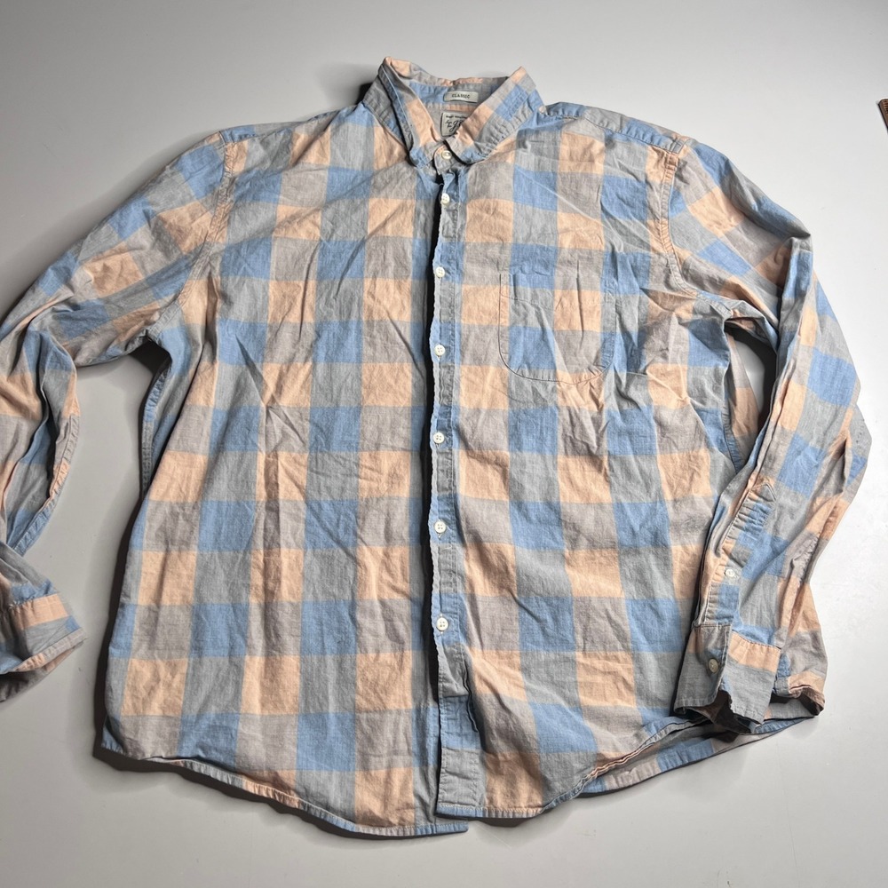 J.Crew Secret Wash Shirt Mens XL Classic Fit Peach Check Button Down Stretch